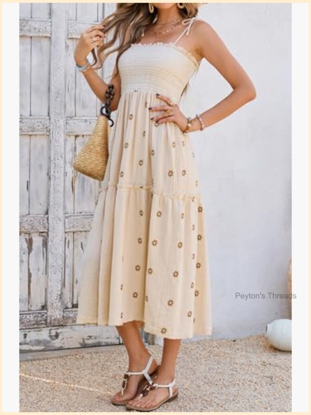 100% Cotton Square Neck Sleeveless Midi Dress with Tie Shoulders and Floral - Picture 5 of 7